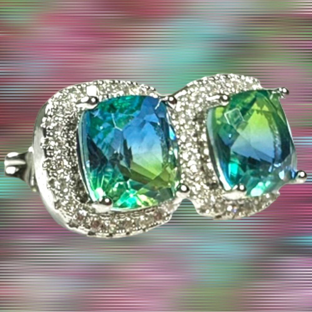 NEW Dual Tone Green / Sky Blue Simulated Topaz Cushion Cut Stud Earrings